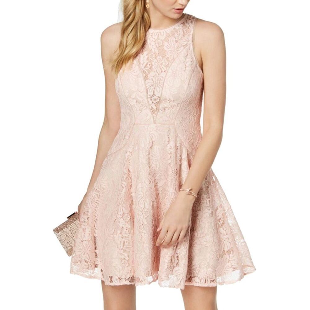 Xscape Light Pink Blush Fit and Flare Lace Mini Cocktail Dress • Size 12 ⬇️